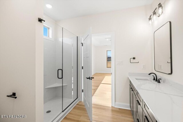 bathroom featuring wood-type flooring, vanity, a shower with shower door, and a healthy amount of sunlight