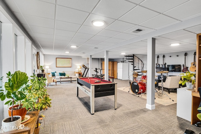 game room featuring carpet, pool table, and a drop ceiling