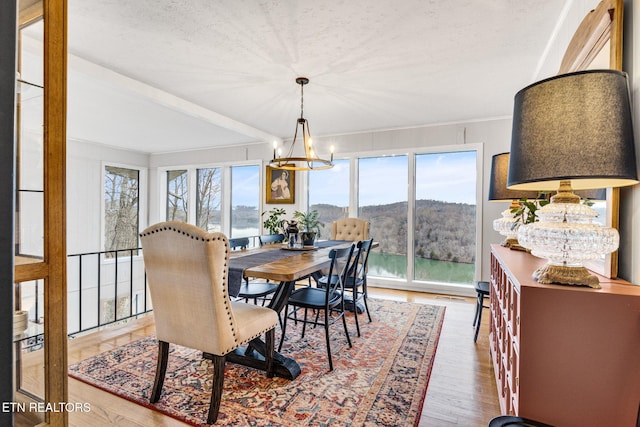 dining space with hardwood / wood-style flooring, a textured ceiling, a mountain view, and a chandelier