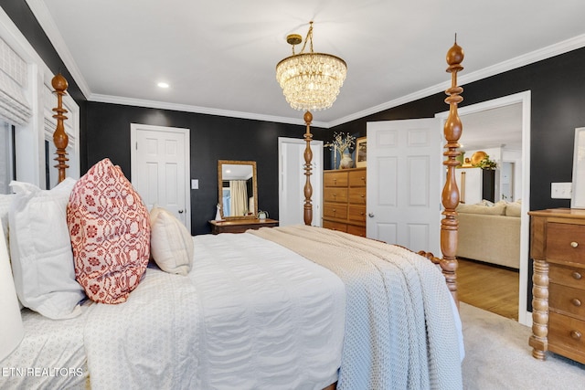 bedroom with hardwood / wood-style floors, ornamental molding, and a notable chandelier