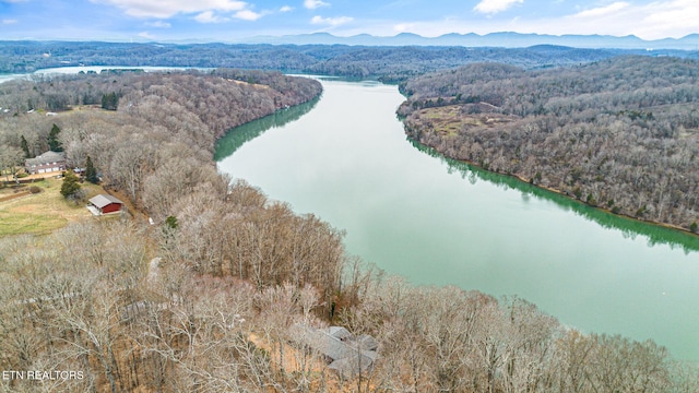 drone / aerial view with a water and mountain view