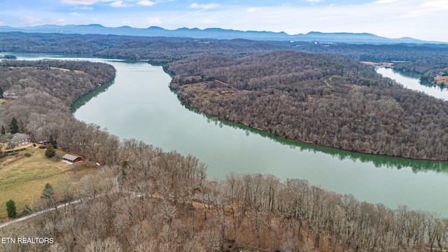 drone / aerial view with a water and mountain view