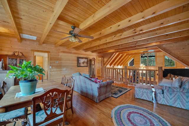 living room with wooden walls, hardwood / wood-style flooring, ceiling fan, and wooden ceiling