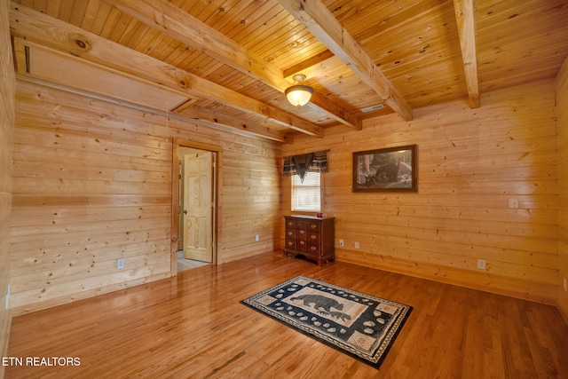 unfurnished room with wood walls, hardwood / wood-style floors, beamed ceiling, and wood ceiling