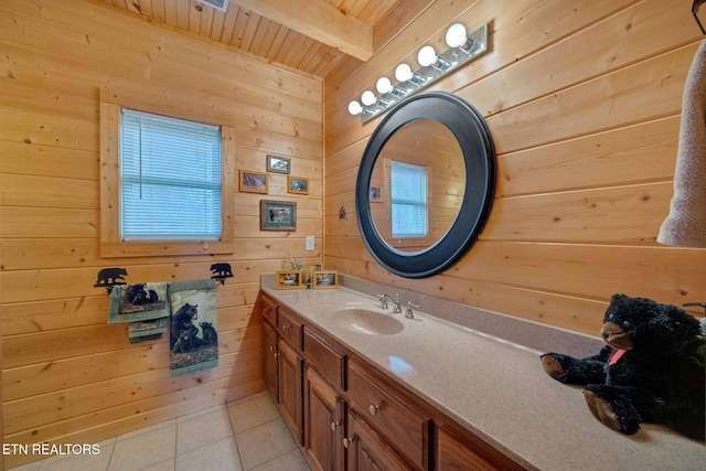 bathroom featuring beamed ceiling, wood walls, and tile patterned floors