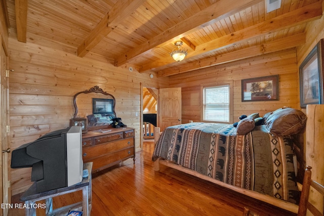 bedroom featuring hardwood / wood-style floors, wood walls, wood ceiling, and beam ceiling