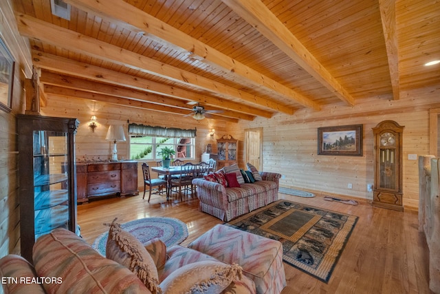 living room featuring beam ceiling, light hardwood / wood-style floors, wooden walls, and wood ceiling