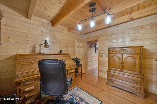 office area featuring wood walls, beam ceiling, and wood ceiling