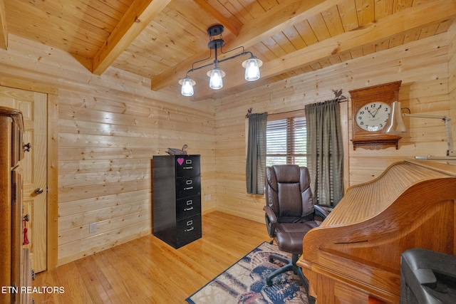 unfurnished office featuring beamed ceiling, wood-type flooring, wood ceiling, and wood walls