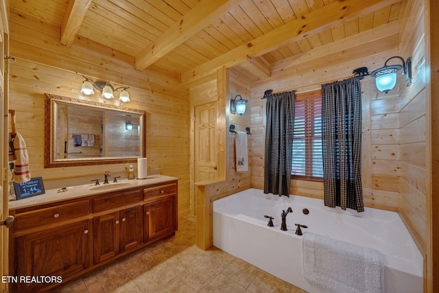 bathroom with beam ceiling, a tub to relax in, wooden walls, and wood ceiling