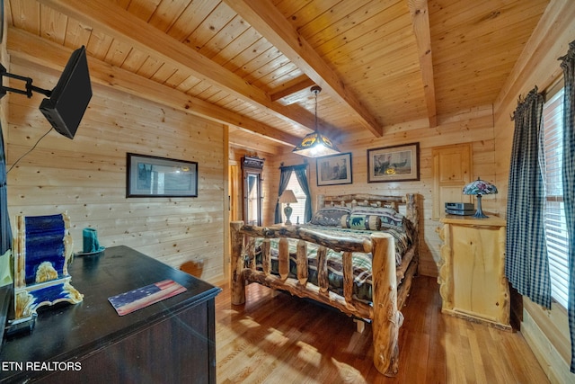 bedroom with beamed ceiling, light wood-type flooring, wooden ceiling, and wooden walls