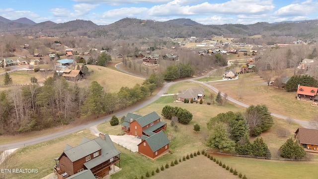 drone / aerial view featuring a mountain view