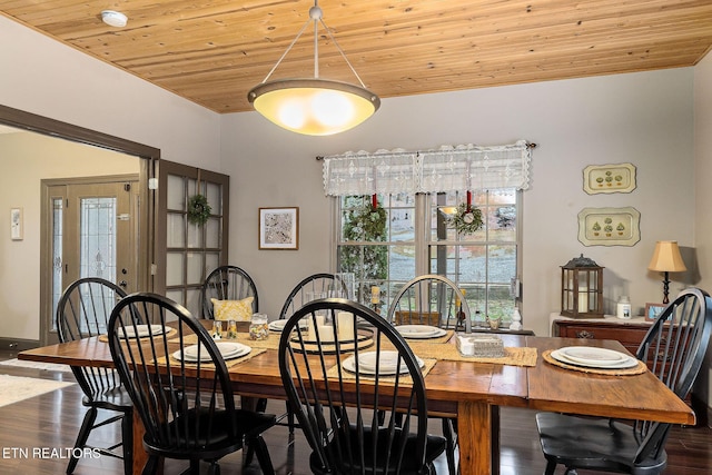 dining space featuring hardwood / wood-style flooring and wood ceiling