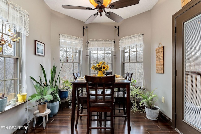 dining space with dark hardwood / wood-style flooring, ceiling fan, and lofted ceiling