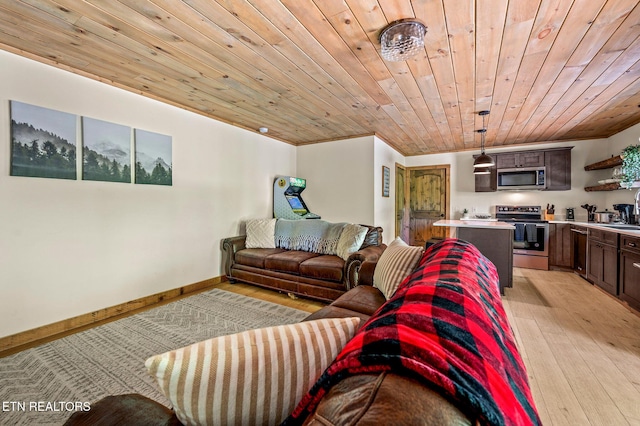 living room with sink, ornamental molding, wood ceiling, and light hardwood / wood-style floors