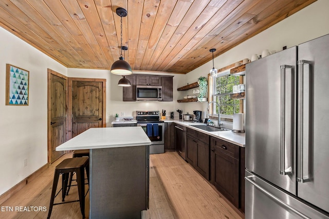 kitchen featuring wooden ceiling, hanging light fixtures, a kitchen island, and stainless steel appliances