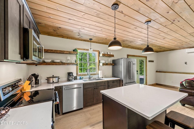 kitchen featuring dark brown cabinetry, wood ceiling, decorative light fixtures, and appliances with stainless steel finishes