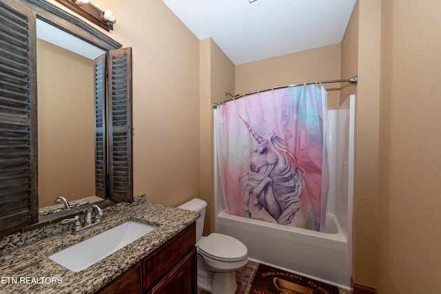 full bathroom with vanity, toilet, and shower / bathtub combination with curtain