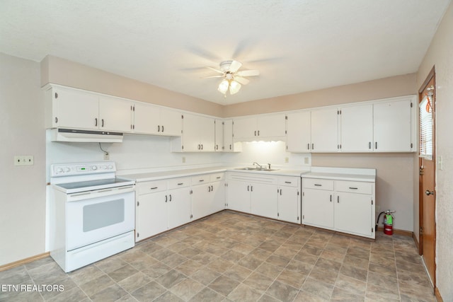 kitchen with white range with electric stovetop, ceiling fan, sink, and white cabinets