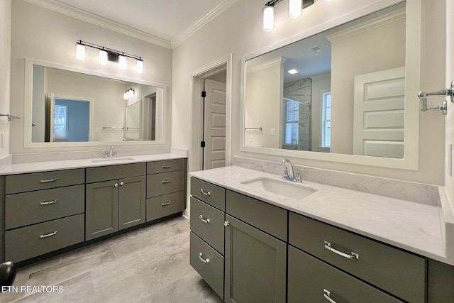 bathroom with an enclosed shower, vanity, and crown molding