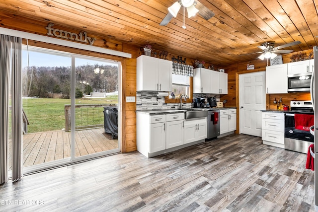 kitchen featuring wooden ceiling, white cabinetry, sink, and stainless steel appliances