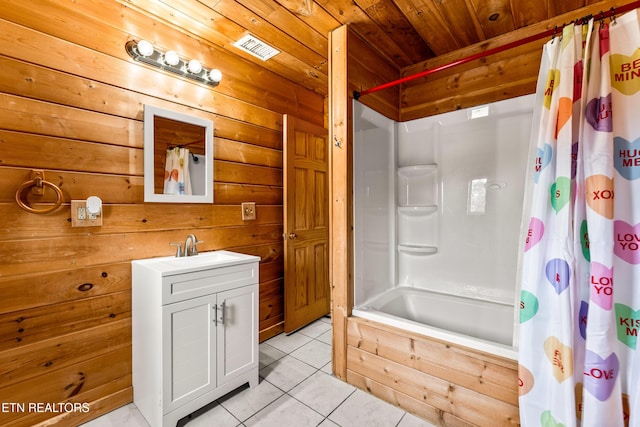 bathroom featuring wood ceiling, wooden walls, shower / bath combo, tile patterned flooring, and vanity