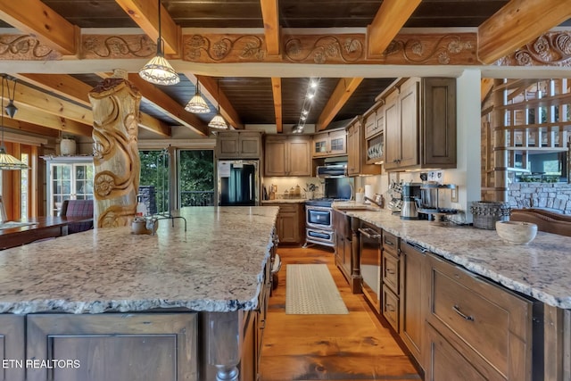 kitchen with pendant lighting, a center island, light stone countertops, light hardwood / wood-style floors, and stainless steel appliances