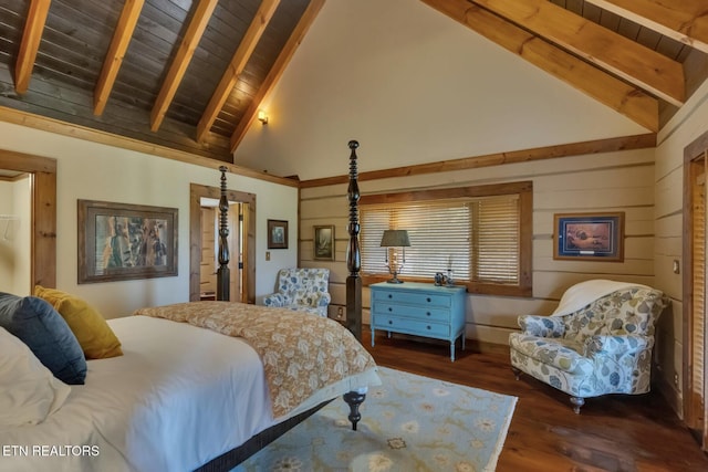 bedroom with beamed ceiling, dark hardwood / wood-style floors, high vaulted ceiling, and wood ceiling