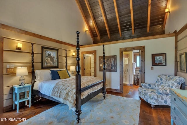 bedroom featuring beam ceiling, dark hardwood / wood-style flooring, high vaulted ceiling, and wooden ceiling