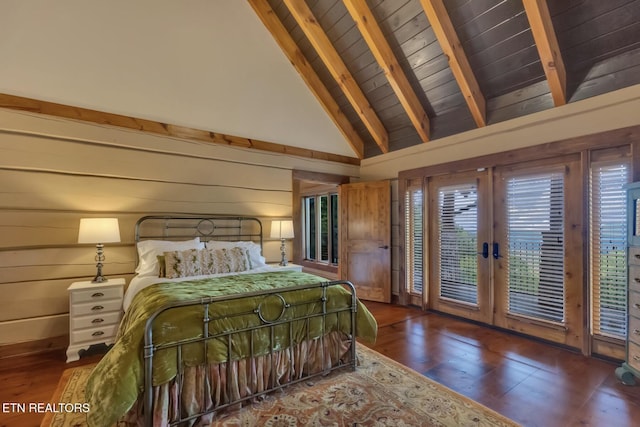 bedroom featuring french doors, access to outside, dark wood-type flooring, beam ceiling, and high vaulted ceiling