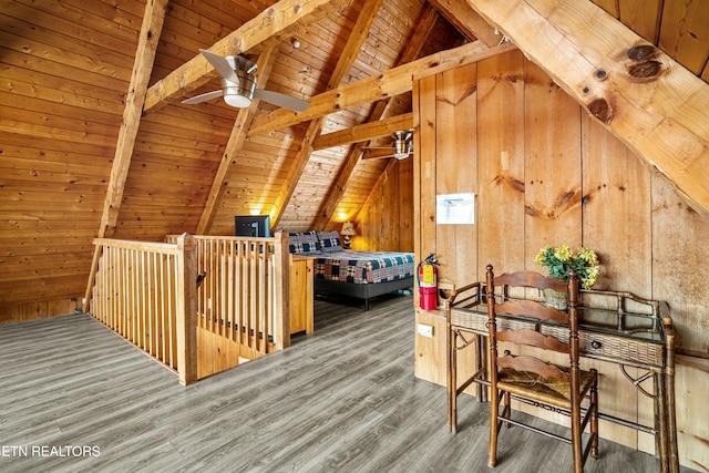 additional living space with wood-type flooring, lofted ceiling with beams, wooden walls, and wood ceiling