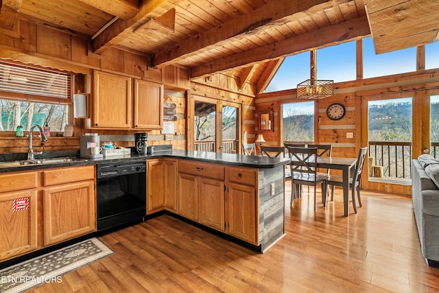 kitchen with wood walls, sink, light hardwood / wood-style floors, and black dishwasher