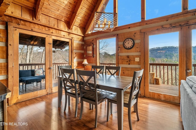 dining room featuring wood walls, high vaulted ceiling, beamed ceiling, wood-type flooring, and wood ceiling