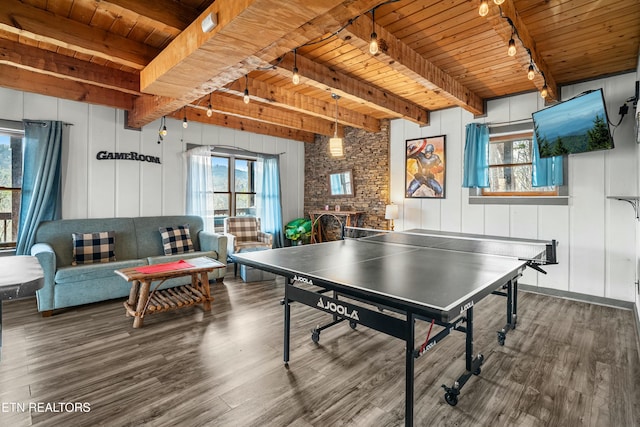 recreation room featuring beam ceiling, rail lighting, wood-type flooring, and wood ceiling