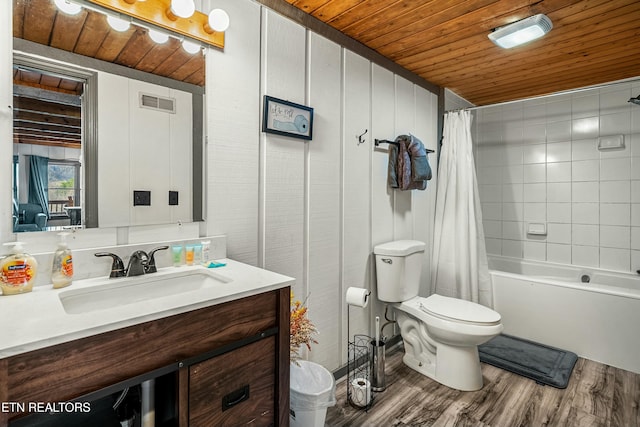 full bathroom featuring wooden ceiling, toilet, shower / tub combo with curtain, vanity, and hardwood / wood-style flooring