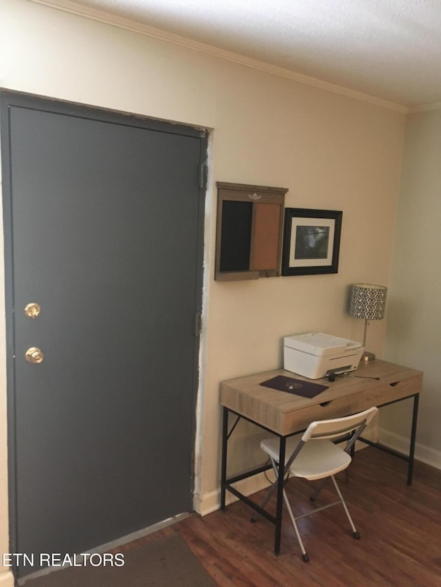 home office featuring crown molding and dark wood-type flooring