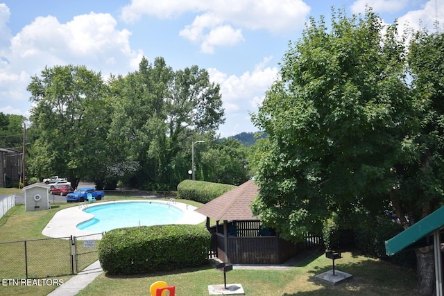 view of pool featuring a yard