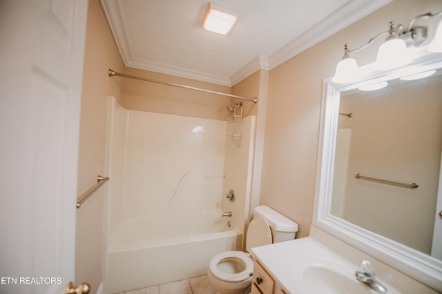 full bathroom featuring toilet, vanity, tile patterned floors, washtub / shower combination, and crown molding