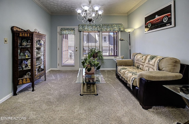 living area featuring a chandelier, carpet floors, baseboards, and crown molding