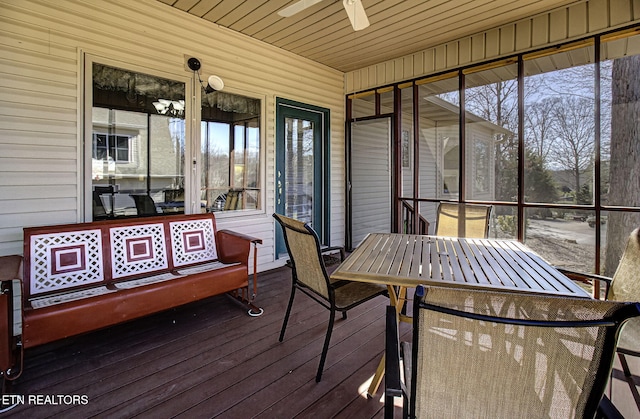 sunroom featuring wood ceiling and a ceiling fan