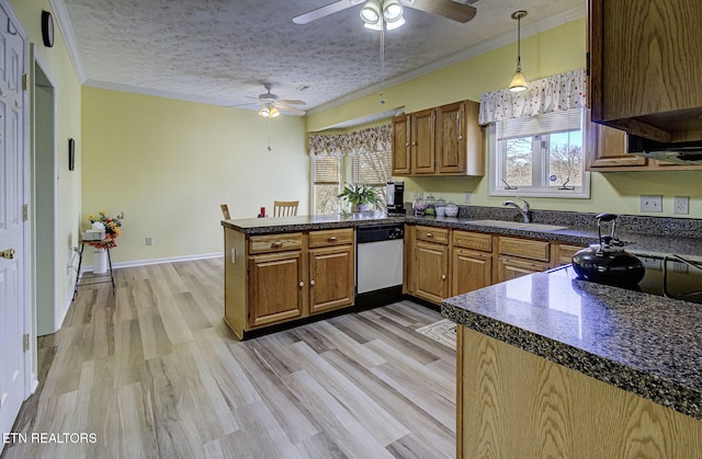 kitchen featuring dark countertops, a peninsula, stainless steel dishwasher, and a textured ceiling