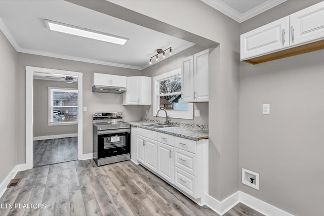 kitchen with white cabinetry, sink, ceiling fan, stainless steel range with electric stovetop, and light wood-type flooring