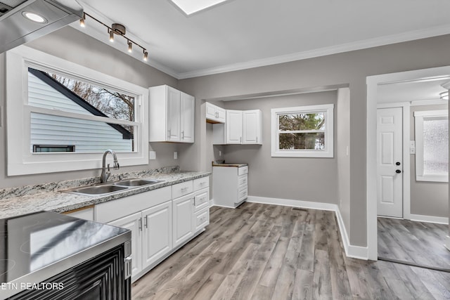 kitchen featuring sink, light wood-type flooring, ornamental molding, light stone counters, and white cabinetry