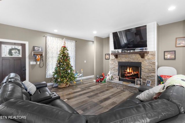 living room featuring a healthy amount of sunlight, wood-type flooring, and a fireplace