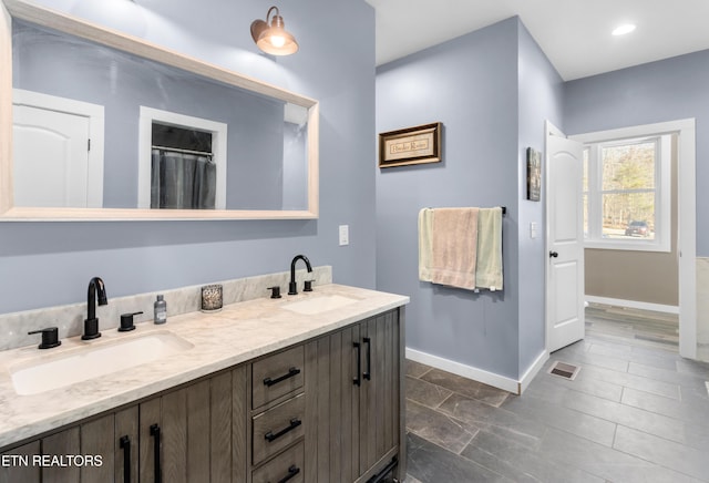 499 Woodland Trl, Sunbright, TN 37872 - bathroom with double vanity and a shower with curtain