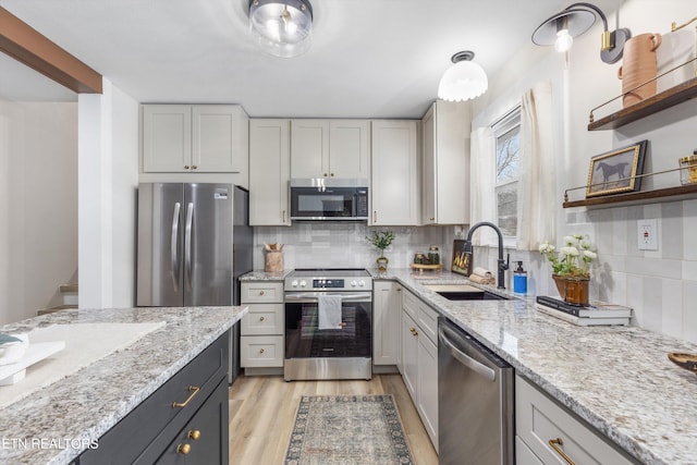 kitchen with light wood-style flooring, a sink, appliances with stainless steel finishes, light stone countertops, and tasteful backsplash