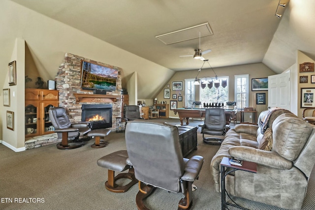 living room featuring ceiling fan, carpet flooring, a fireplace, pool table, and lofted ceiling