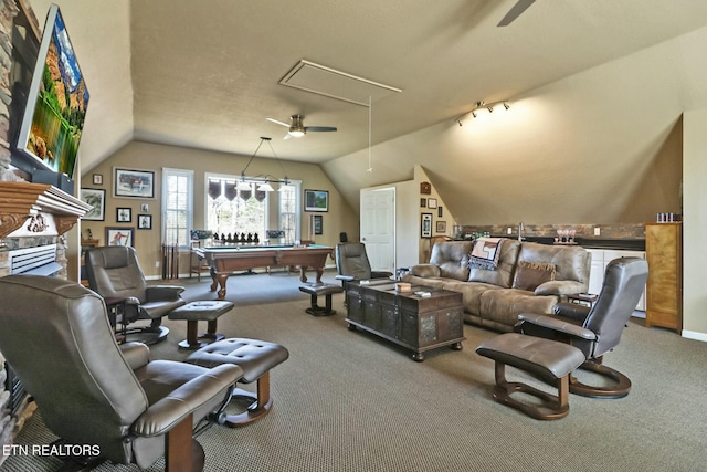 living room with ceiling fan, carpet flooring, and billiards