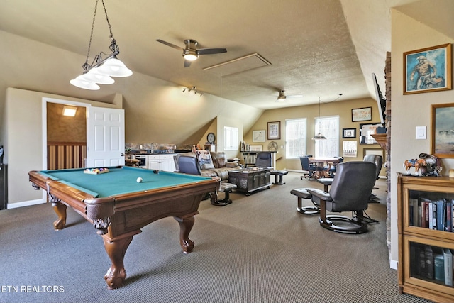 rec room featuring ceiling fan, a textured ceiling, billiards, and vaulted ceiling