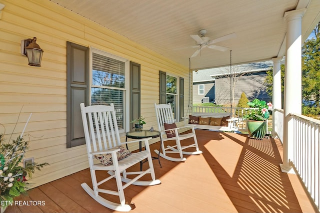 exterior space featuring a porch and ceiling fan